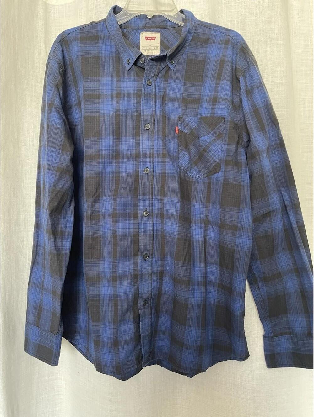 Levi’s Classic Blue Black Paid Light Weight Cotton Button Down Men’s XL